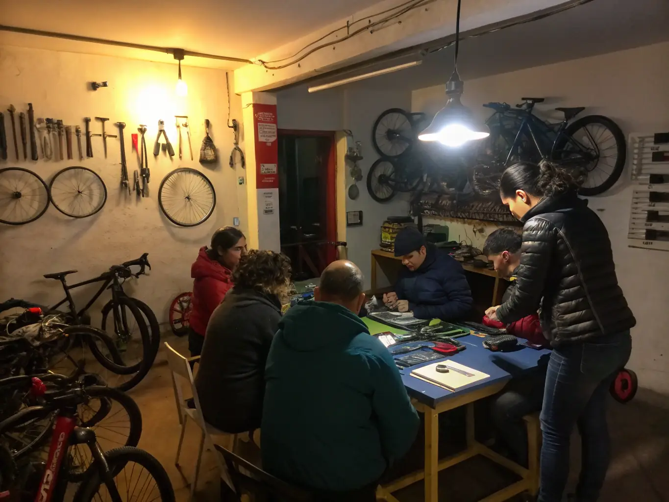 A photo of participants gathered at a bicycle maintenance workshop, learning how to repair and maintain their bikes, with tools and equipment visible.