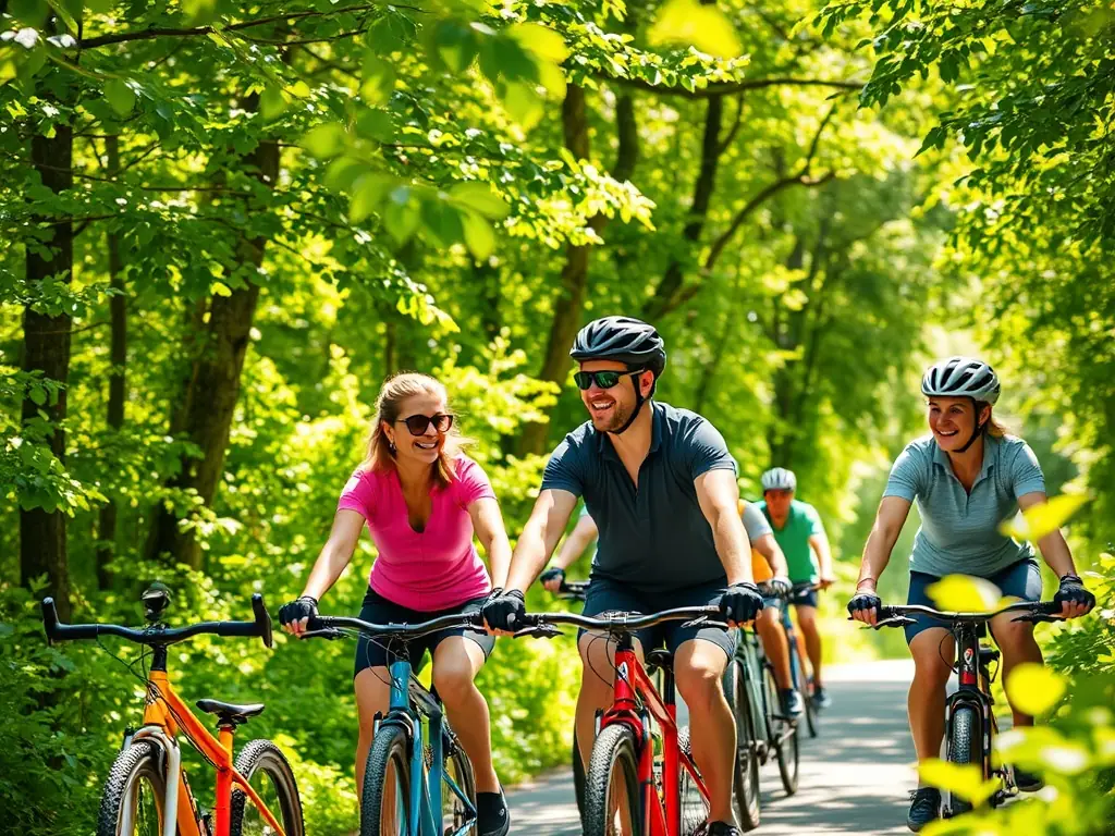 A group of cyclists of varying ages and backgrounds joyfully riding bicycles through a lush green forest, sunlight filtering through the trees, symbolizing the inclusive and nature-oriented activities of CYCLO OPTIMISTE PLEUBIAN.