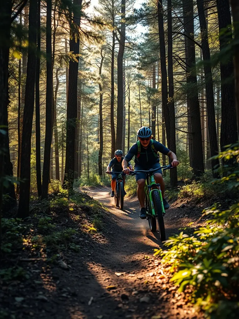 Cyclists pedaling through a lush green forest in Pleubian, France, emphasizing the natural beauty of the forest exploration tour.