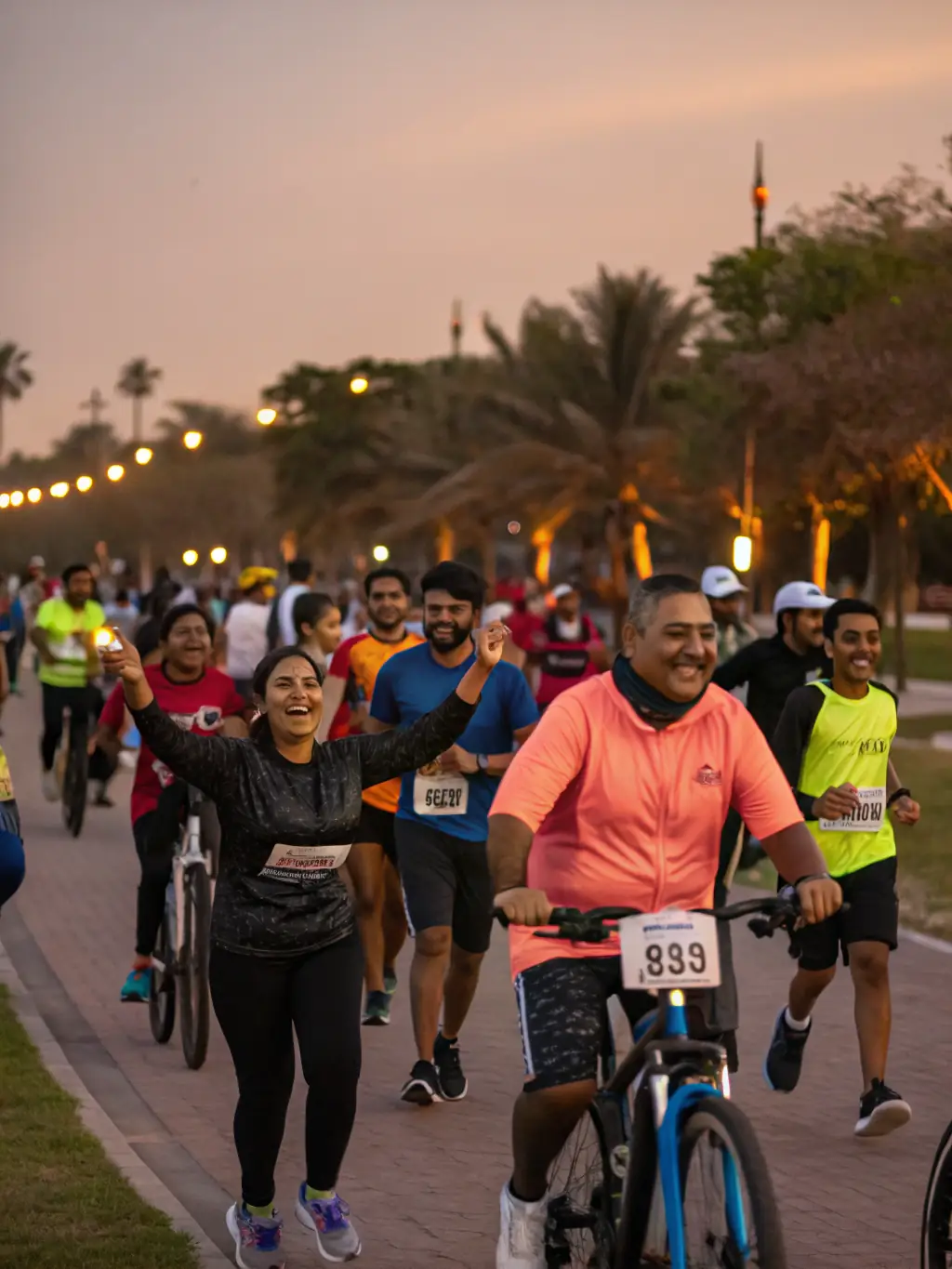 A photo of participants gathered before a group cycling event in a park, emphasizing community engagement and participation.