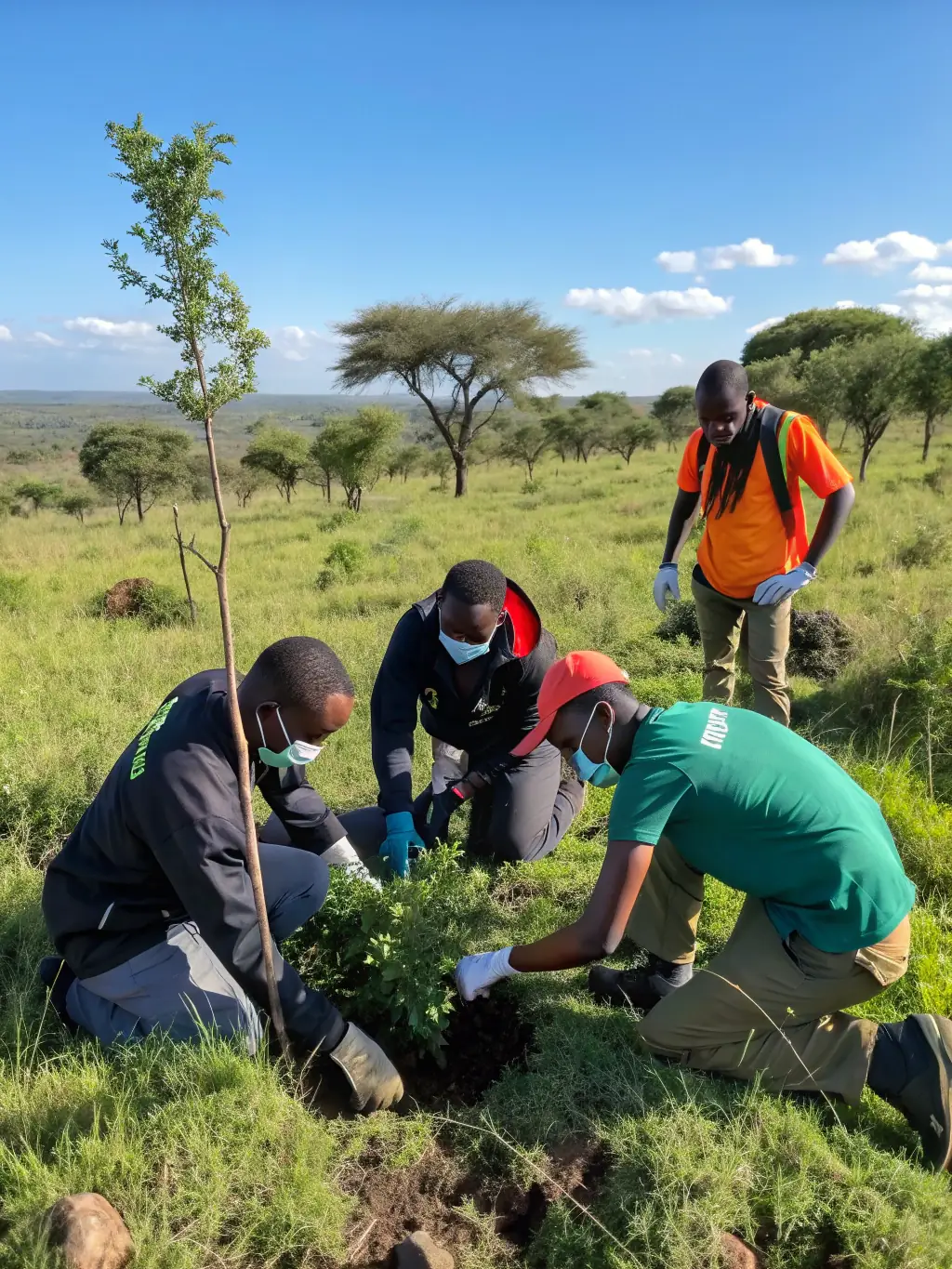 A photograph showcasing a group of cyclists participating in an eco-friendly initiative, such as planting trees or cleaning up a local trail, organized by CYCLO OPTIMISTE PLEUBIAN.