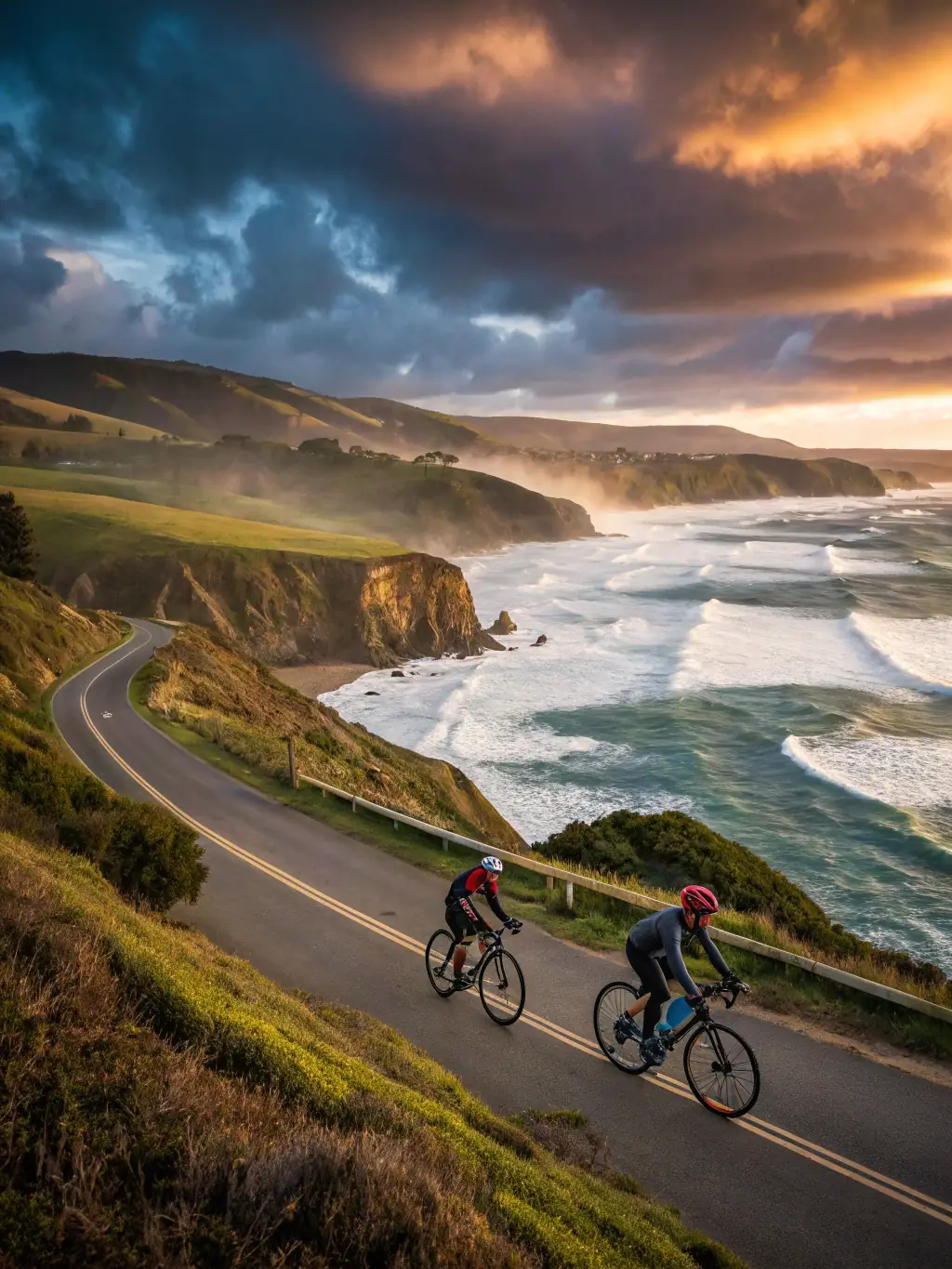 A scenic view of cyclists riding along the coast of Pleubian, France, with the ocean in the background, showcasing the beauty of the coastal tour.