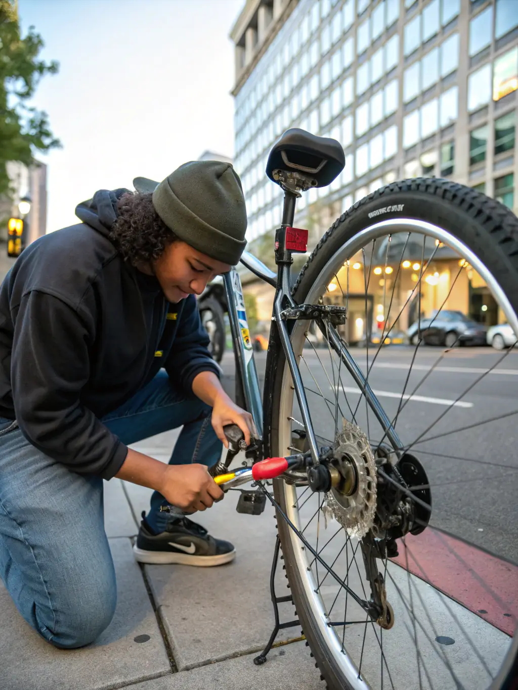 A cyclist repairing a bicycle tire during a workshop, highlighting the practical skills taught in maintenance sessions.