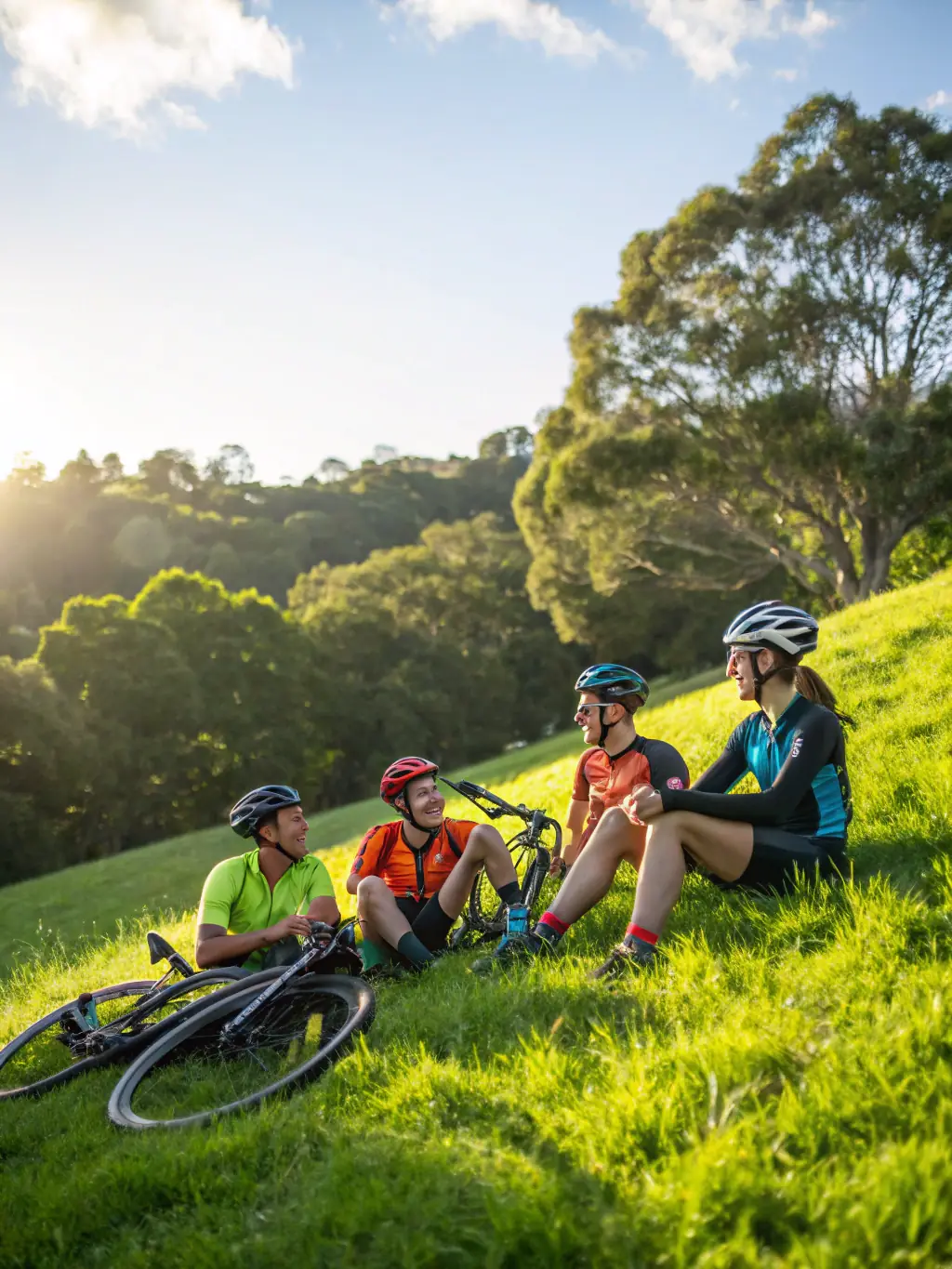 A photograph capturing a group of cyclists laughing and enjoying a break during a tour, showcasing the social aspect of CYCLO OPTIMISTE PLEUBIAN.