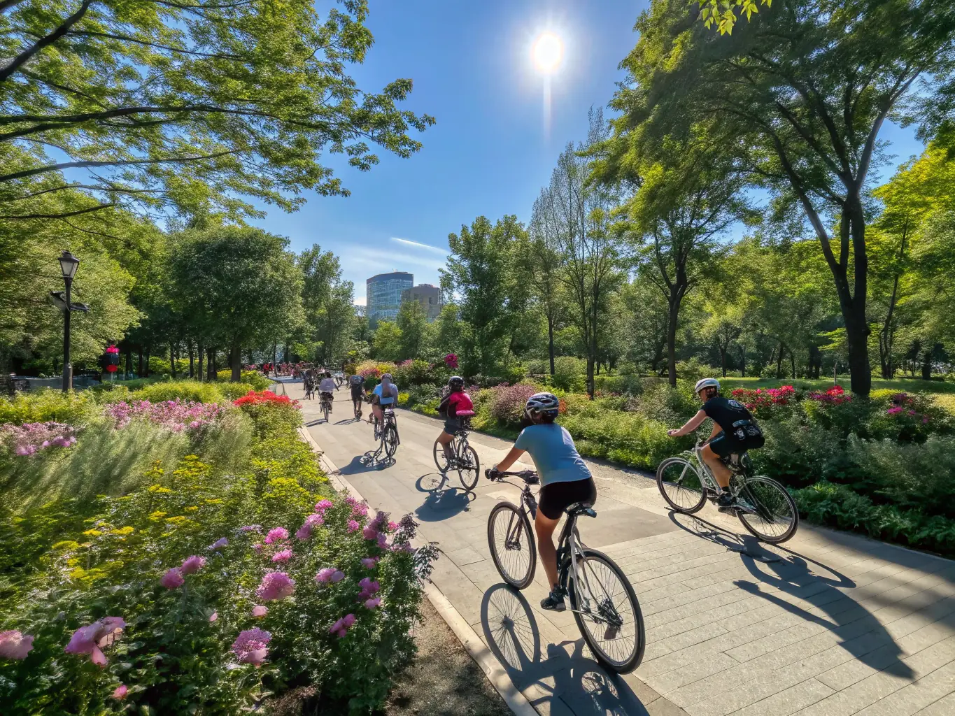 A group of people participating in a community cycling event, with families and individuals of all ages riding together through the streets of Pleubian.