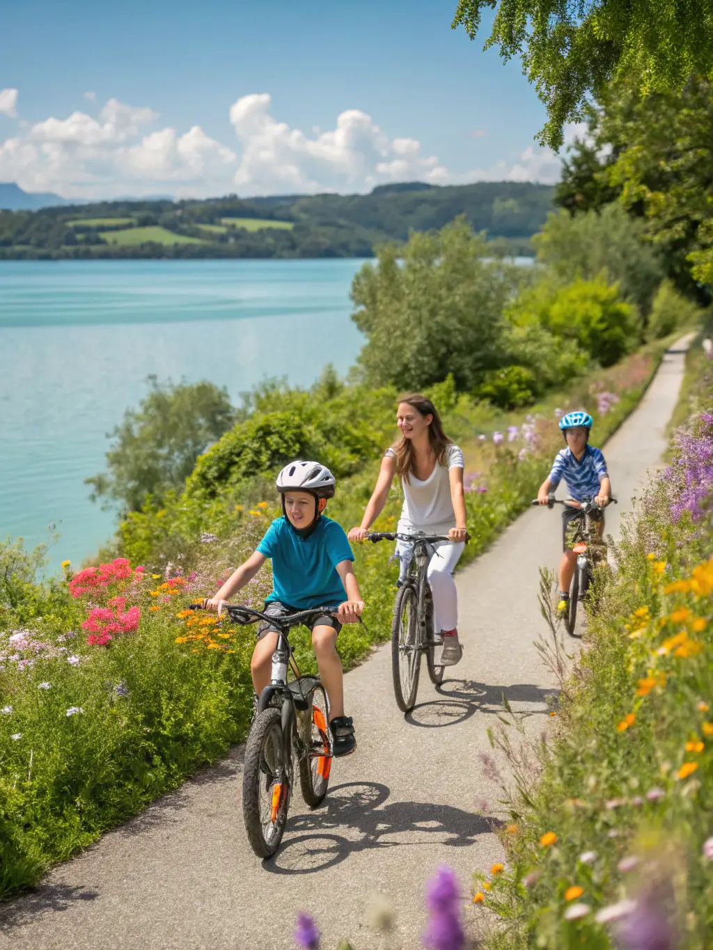 A family enjoying a leisurely bike ride through the countryside, promoting family-friendly cycling activities.