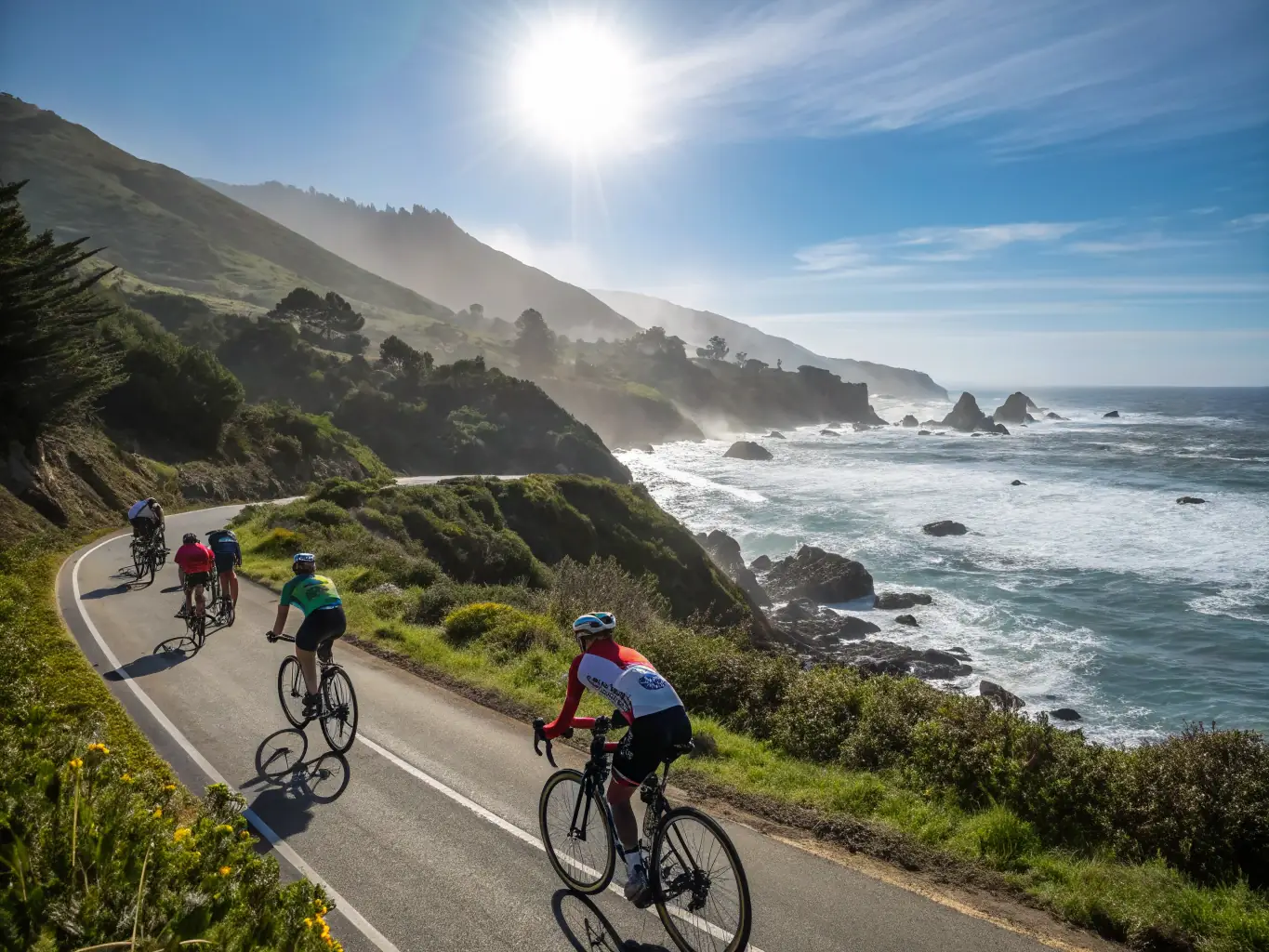 A group of cyclists riding along a scenic coastal path in Pleubian, with lush greenery and the ocean in the background, showcasing a guided bicycle tour.